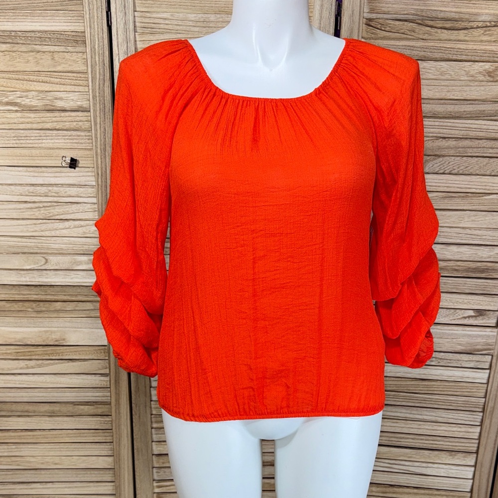 Indian Rose Blouse Women's Orange Balloon Layered Sleeves Size M
